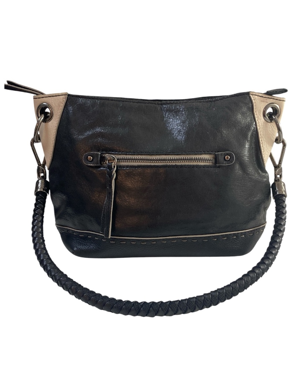 The Sak Indio Two-Tone Black/Cream Leather Shoulder Bag Braided Strap Classic